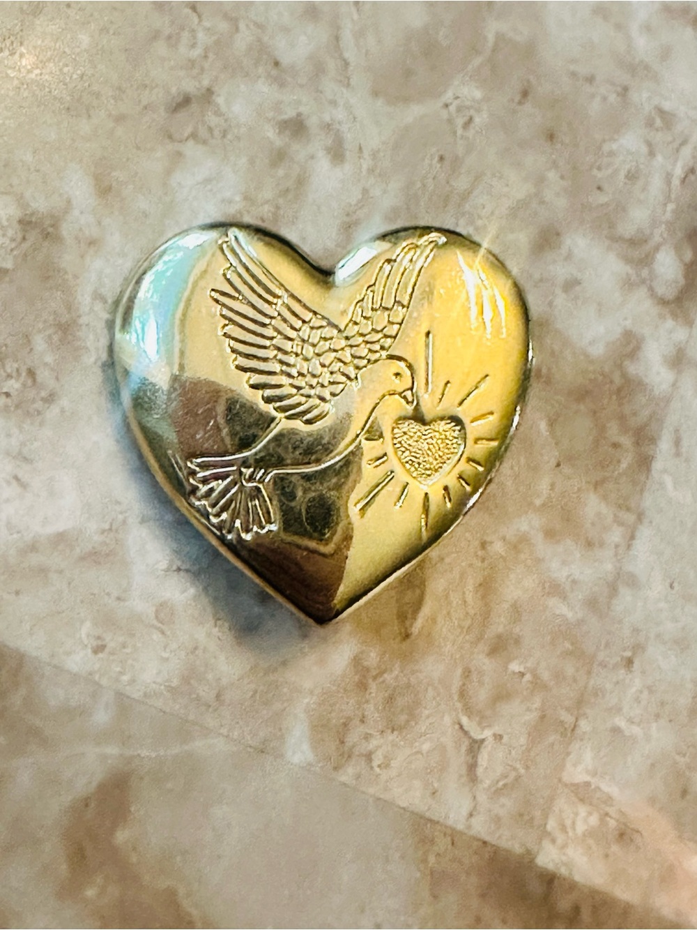 Vintage Variety Club Gold Tone Heart charity brooch pin, relief design of a Dove